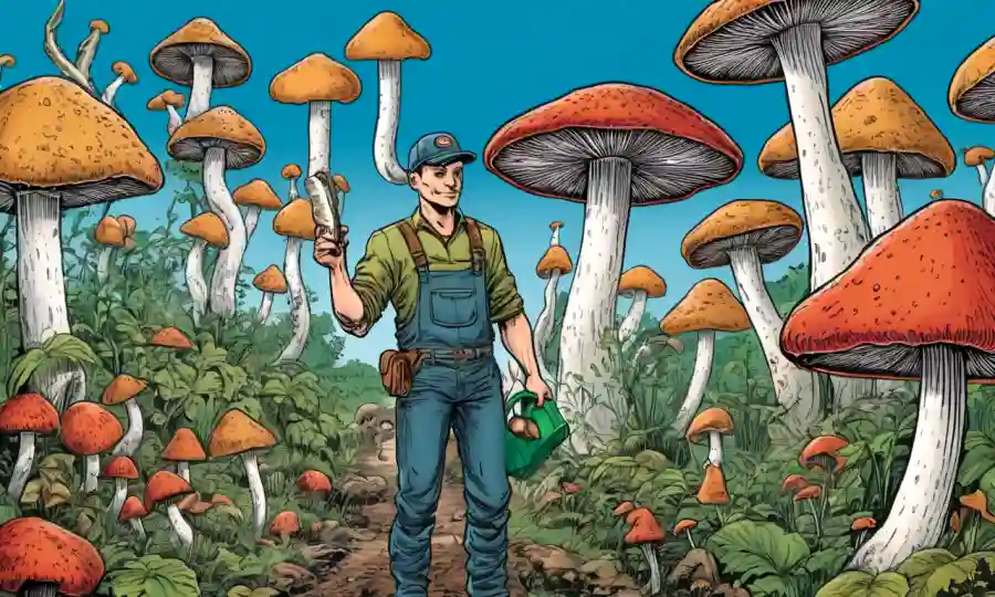 Una persona que tiene varias especies de hongos para el cultivo.