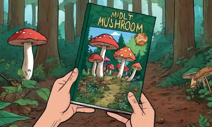 Persona sosteniendo una guía de hongos en un entorno forestal con varios hongos creciendo alrededor.