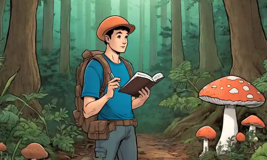 Un entusiasta de hongos que sostiene un cuaderno y un espécimen de hongos en medio del bosque.