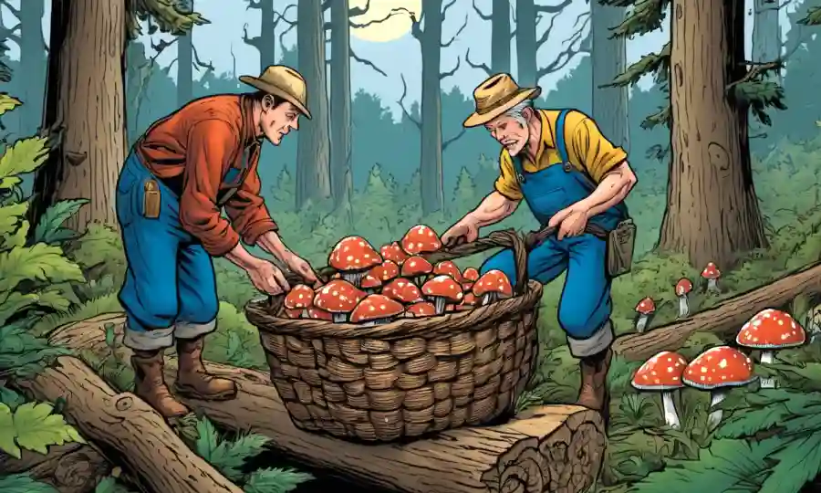 Agricultor examinando una cesta llena de hongos creciendo en troncos en un entorno forestal.