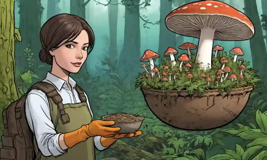 Una persona que lleva guantes y sostiene un recipiente de cultivo de hongos frente a un crecimiento fúngico exuberante.