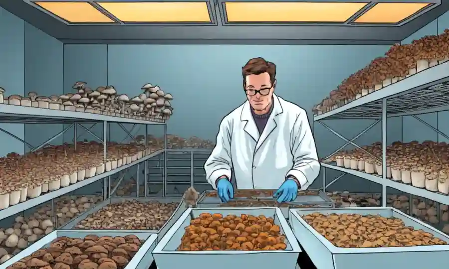 Un micólogo cuidadosamente clasificando tipos de hongos en un laboratorio ambiental controlado.