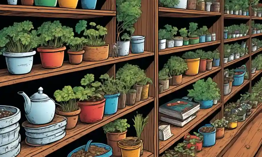 Una mesa o estantes almacenados con suministros de cultivo de hongos, contenedores y libros.