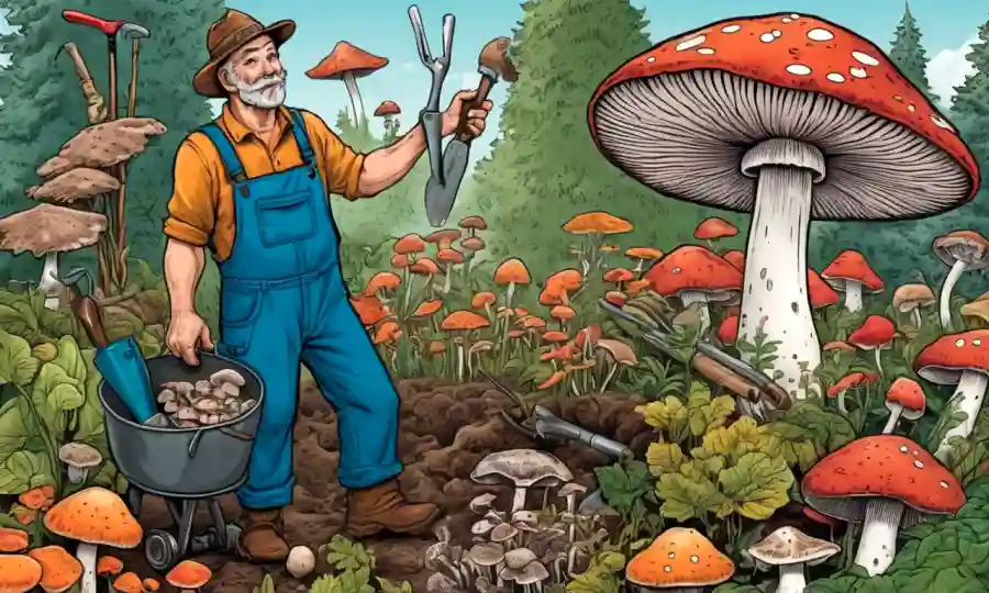 Un granjero de hongos rodeado de diversas especies de hongos y herramientas de jardinería.
