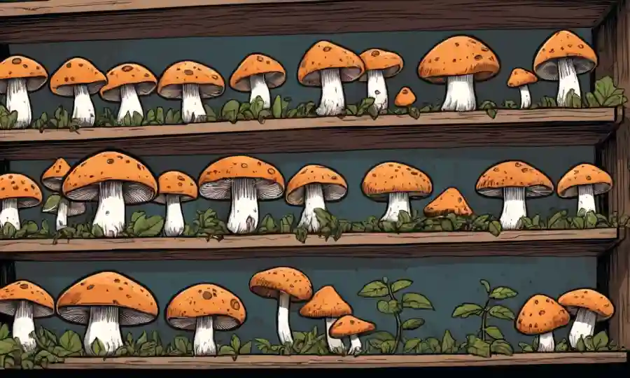 Kit de cultivo de hongos y setas cosechadas en un estante interior.