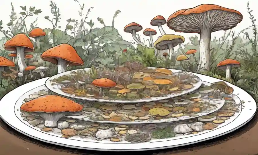 Varias especies fúngicas cultivadas en platos con notas en el fondo.