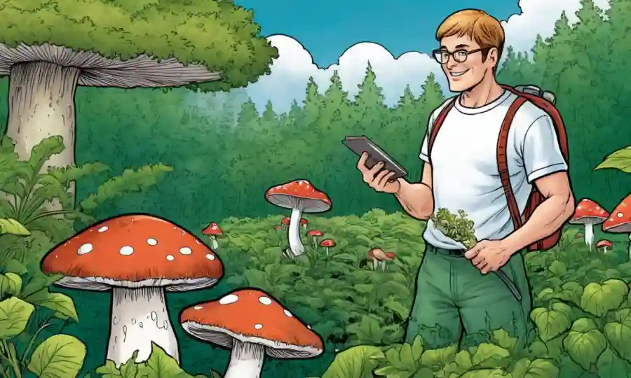 Una persona que tiene setas con una guía de jardinería en el fondo, rodeado de vegetación.