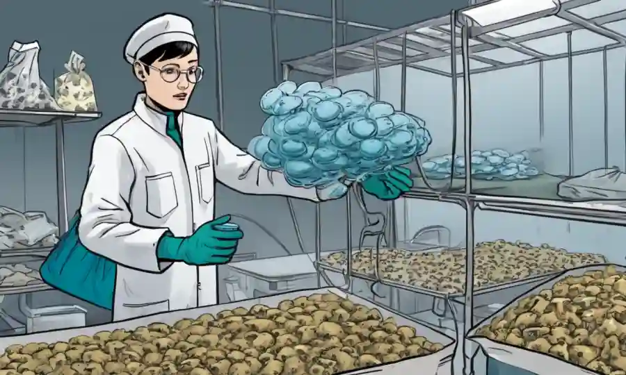 Una persona que maneja esporas de hongos en un ambiente estéril, con bolsas y equipo que los rodea.