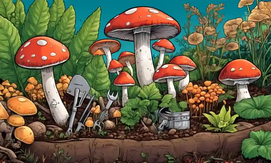 Cama de jardín con diferentes tipos de hongos creciendo entre plantas y herramientas de jardinería.