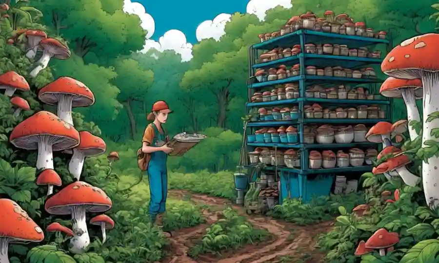 Una granja de hongos con una persona que tiende a apilar contenedores en medio de vegetación exuberante.