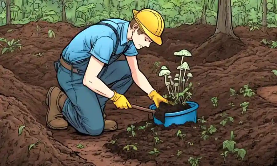 Una persona que prepara suelo para plantar árboles con esporas de hongos.