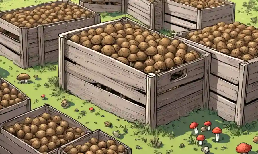 Una granja de trufas con hongos creciendo, rodeado de cajas, escalas y herramientas de cosecha.