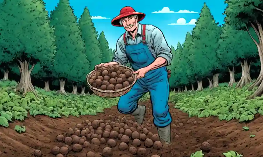 Un agricultor de hongos que sostiene trufas entre suelo y árboles exuberantes.