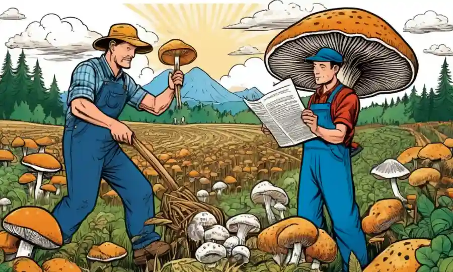 Un agricultor cosecha hongos de un campo, rodeado de texto educativo y diagramas.