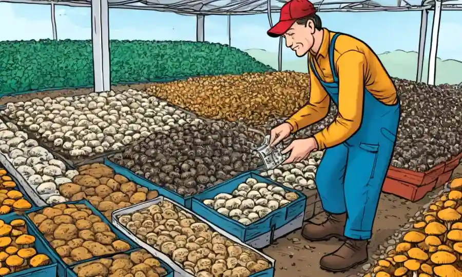 Agricultor seleccionando mezclas de sustrato de hongos para el cultivo.
