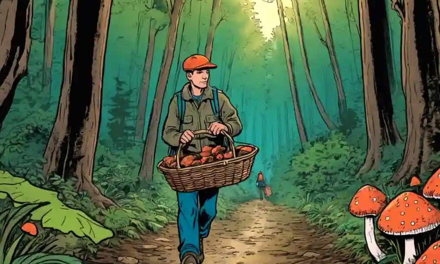 Una persona caminando en el bosque mientras sostiene una cesta y guía para la caza de hongos.