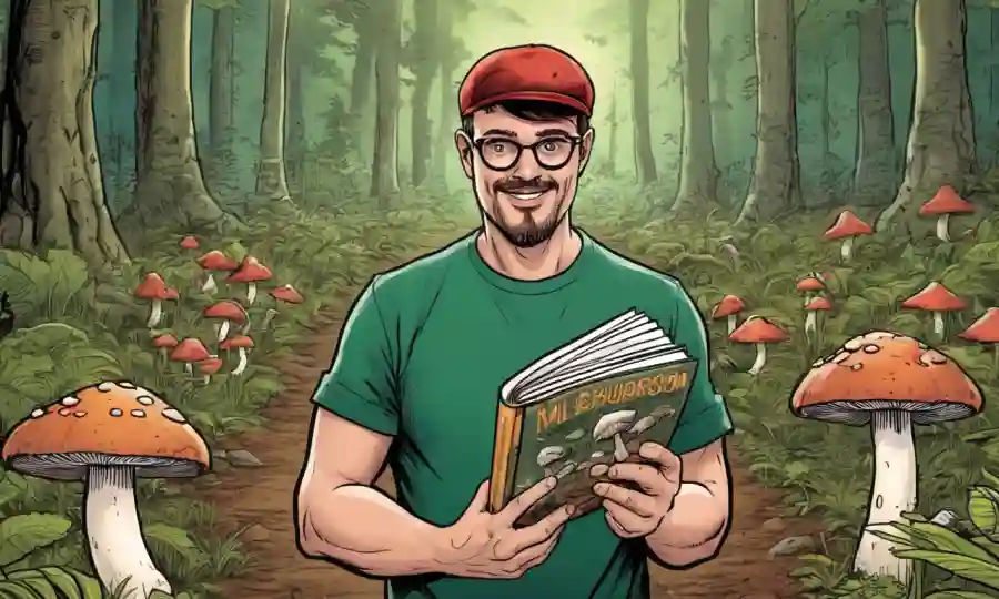 Persona sosteniendo un libro guía de hongos en un bosque rodeado de setas silvestres.