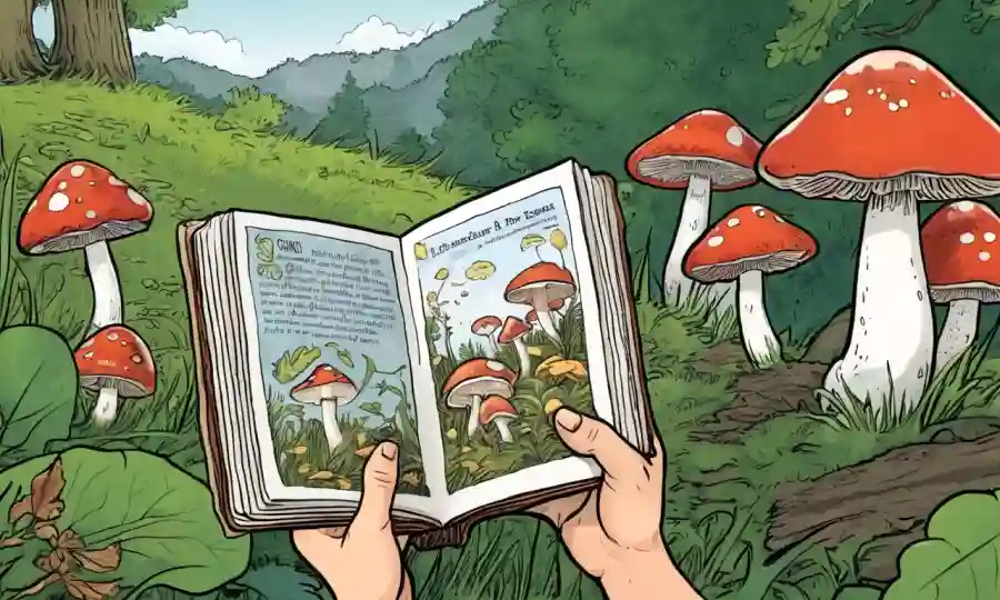 Una persona en la naturaleza sosteniendo un libro guía de hongos, buscando hongos comestibles.