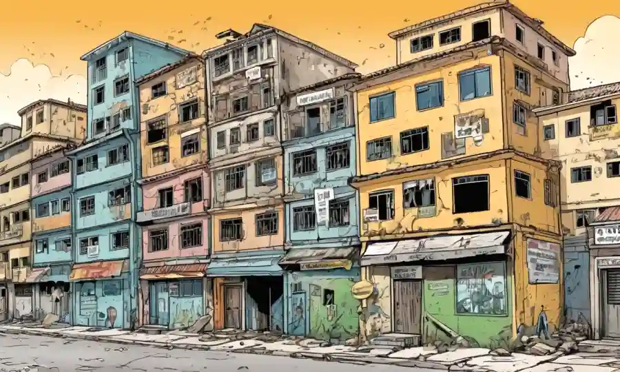 Paisaje urbano con marcados signos de esquistosomiasis en edificios y calles.