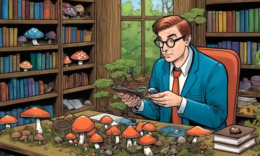 Un experto en hongos examina varios hongos en el bosque, rodeado de estanterías y gafas de aumento.