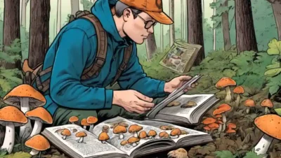 Persona examinando varios tipos de hongos en el bosque con una guía abierta al lado de ellos.