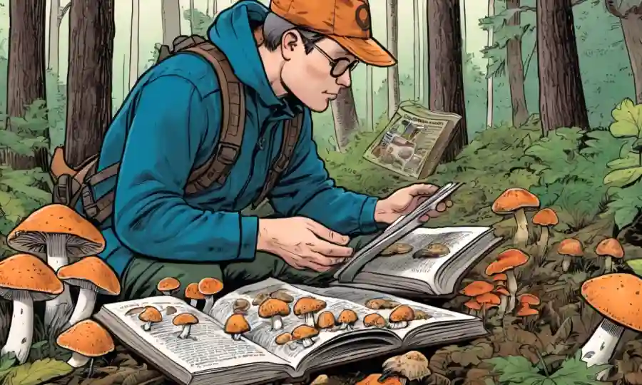 Persona examinando varios tipos de hongos en el bosque con una guía abierta al lado de ellos.