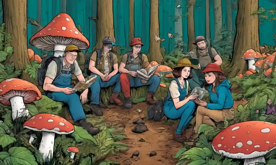 Grupo de personas con diversas guías de campo y hongos en un entorno forestal.