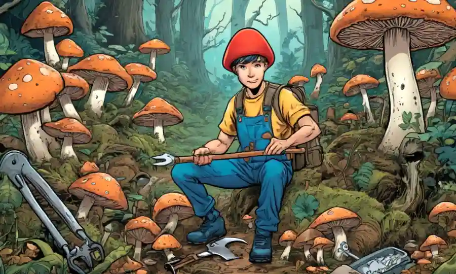 Persona en la naturaleza, rodeada de hongos y herramientas de colección.