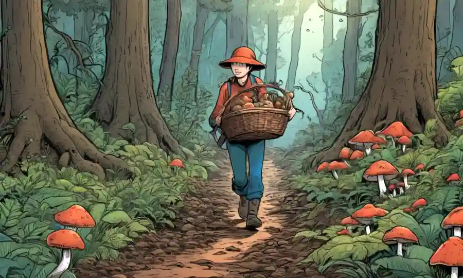 Una persona que pasa por debajo del cepillo forestal llevando cestas, con ilustraciones de varias especies de hongos.