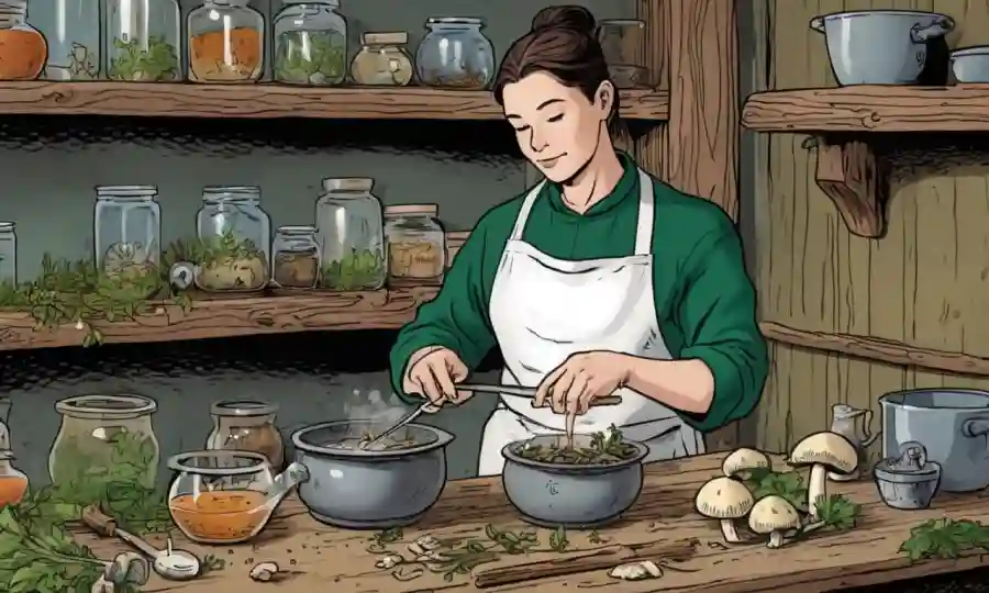 Una persona cuidadosamente preparando la infusión de hongos en un taller de herbalistas.