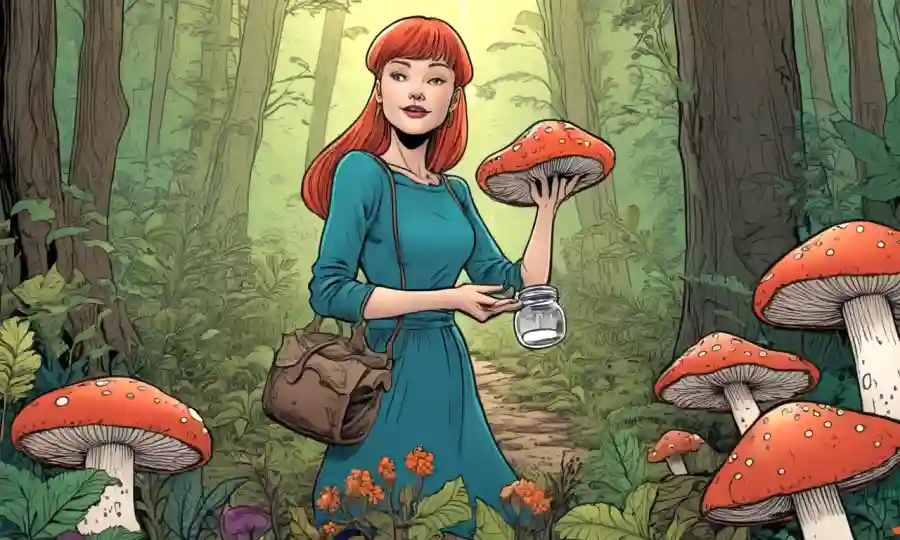 Mujer que sostiene un hongo en un entorno forestal