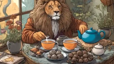 Una persona en un ambiente acogedor que sostiene una tetera y una taza con una variedad de ingredientes de té herbal y hongos Lions Mane.