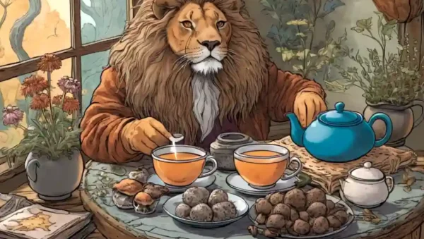 Una persona en un ambiente acogedor que sostiene una tetera y una taza con una variedad de ingredientes de té herbal y hongos Lions Mane.