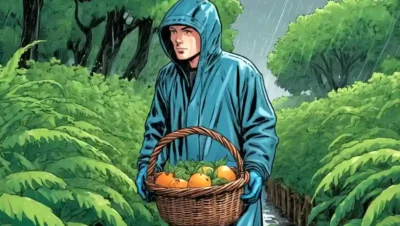 Una persona que lleva equipo de lluvia y sostiene una canasta