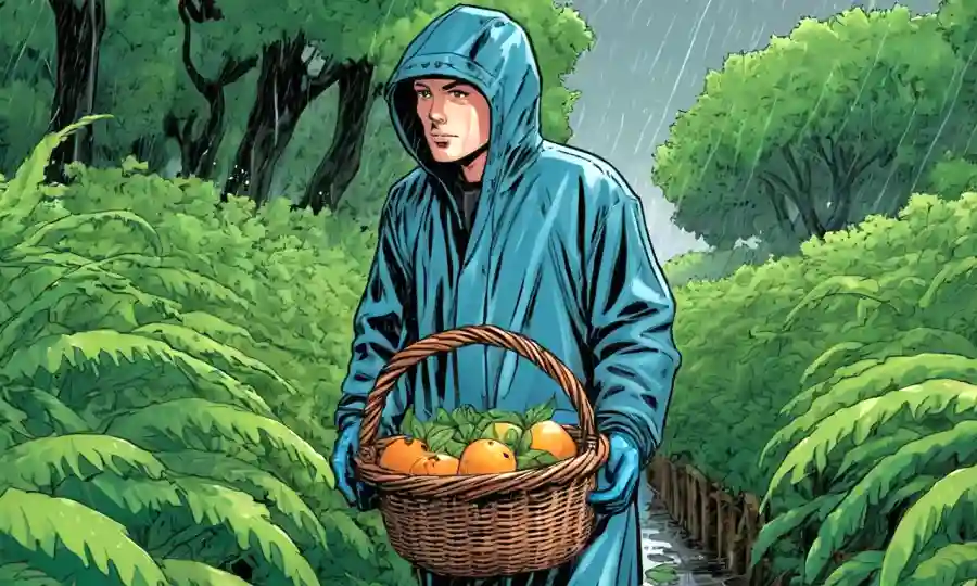 Una persona que lleva equipo de lluvia y sostiene una canasta