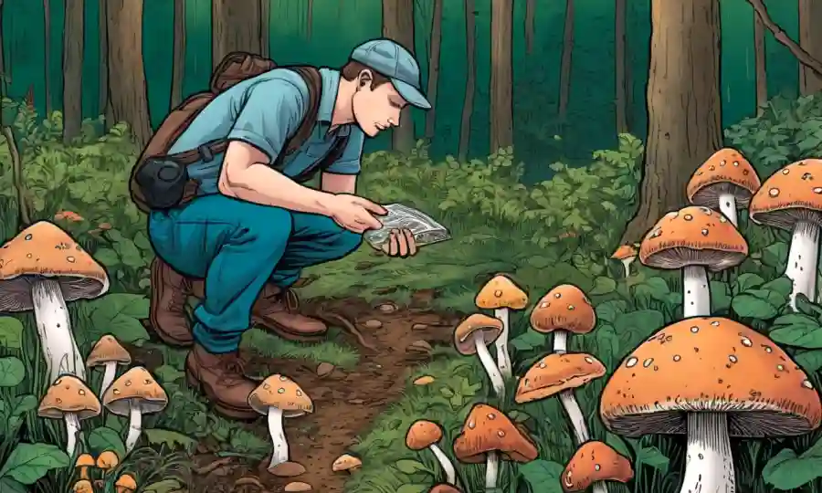 Una persona que examina varias especies de hongos en una guía de campo, rodeada de verdes forestales.