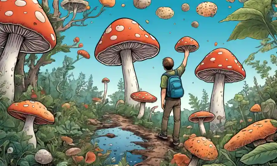 Una persona que sostiene un hongo rodeado de ilustraciones de organismos microscópicos y un ambiente natural tranquilo.