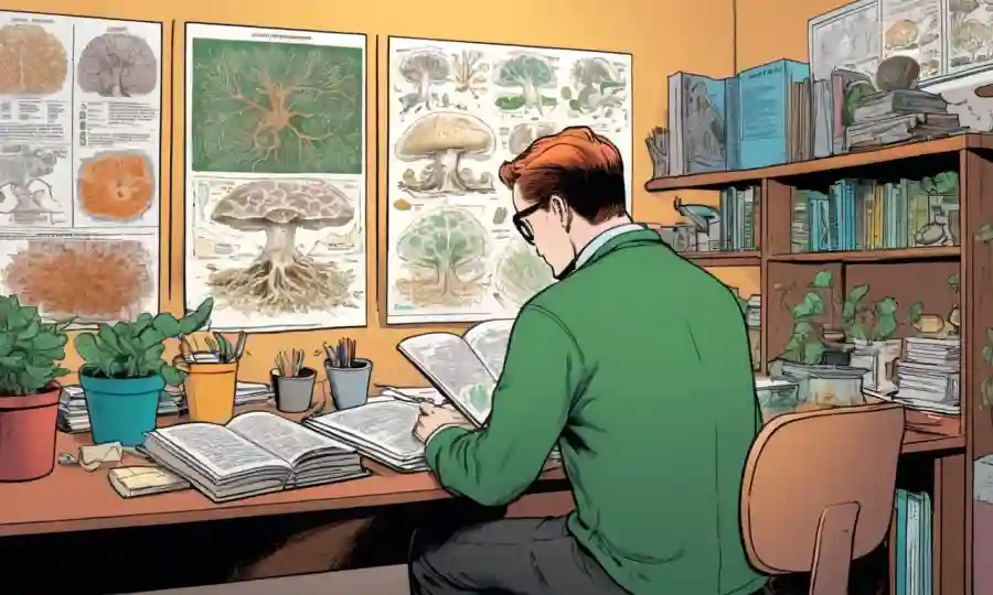 Una persona que estudia frente a un escritorio con libros y diagramas de micología.