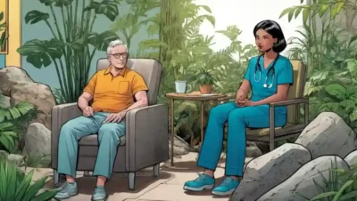 Un terapeuta sentado junto a un paciente
