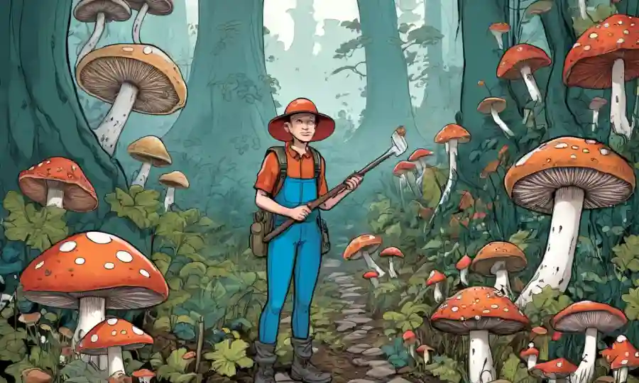 Persona equipada con herramientas de colección de hongos, de pie entre varias especies de hongos en la naturaleza.