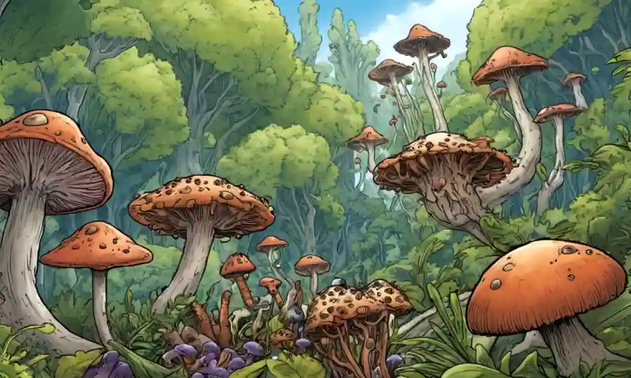 Cierre de varios tipos de dispersadores de esporas, con un fondo lleno de especies vegetales.
