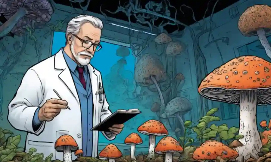 Ilustración de hongos con muestras de análisis científico en el fondo.