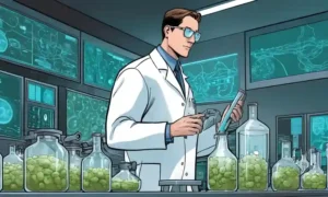 A person holding fermentation equipment in a laboratory while monitoring data on screens.