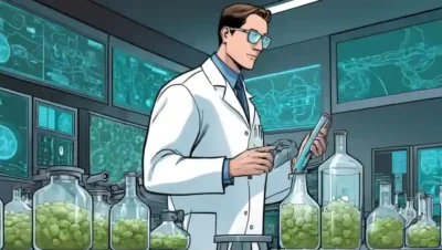 A person holding fermentation equipment in a laboratory while monitoring data on screens.