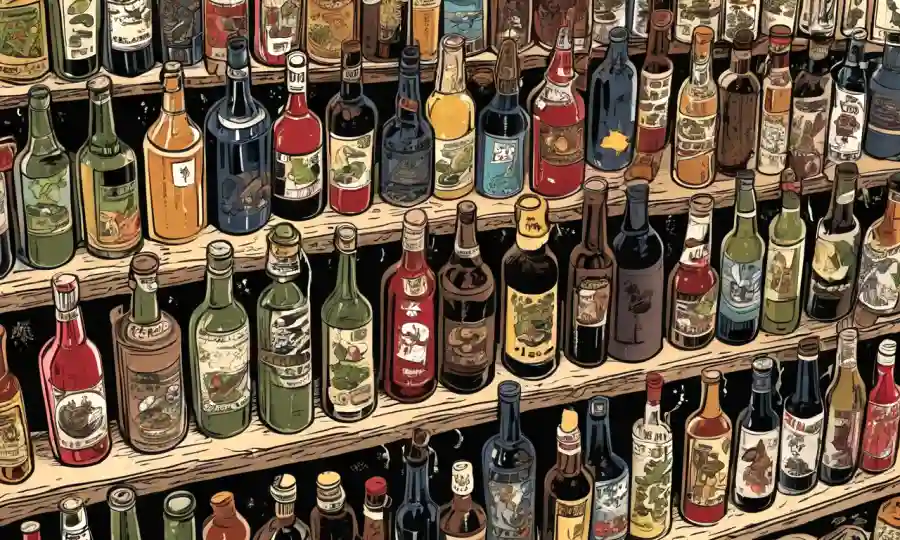Una amplia selección de bebidas fermentadas, como cerveza, vino y sake, en diversas etapas de producción.