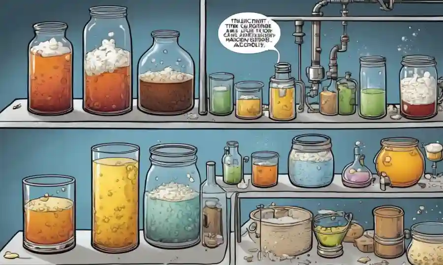 Ilustraciones explicando el proceso químico de fermentación, mostrando levadura convirtiendo azúcares en alcohol.