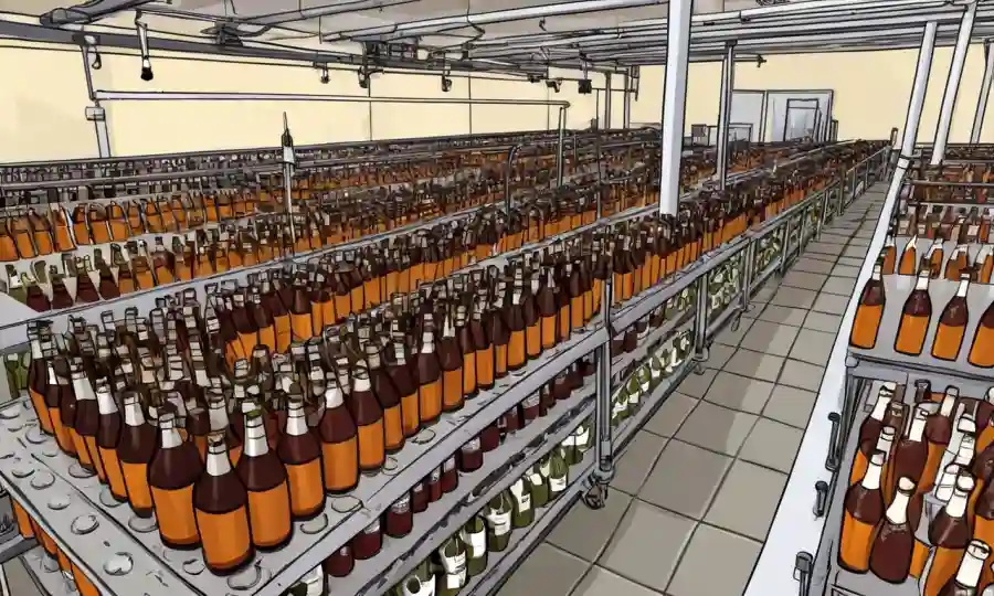 Botellas y cubas llenas de cerveza y vino siendo monitoreado en un ambiente de fermentación controlado.