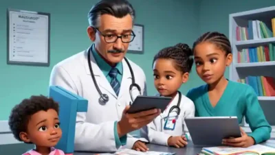 Un pediatra revisando los datos médicos en una tableta junto con un archivo infantil.