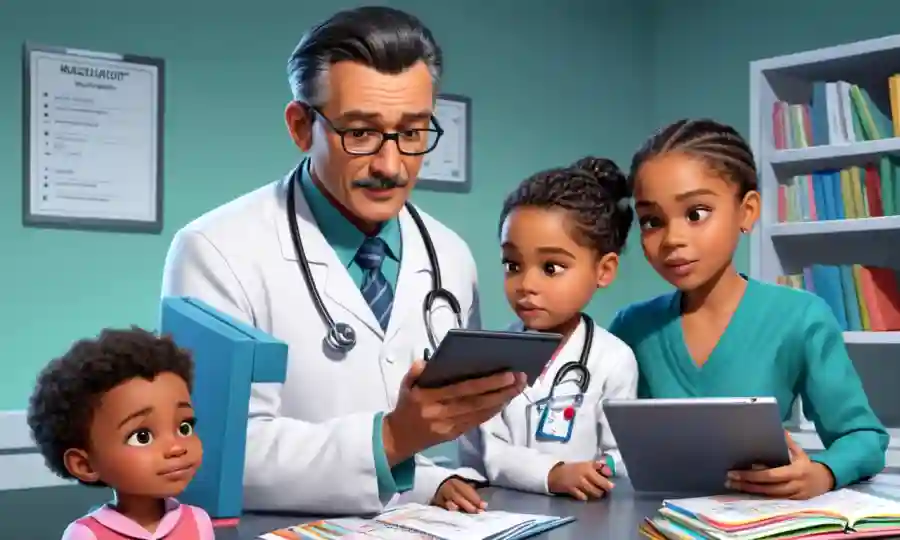 Un pediatra revisando los datos médicos en una tableta junto con un archivo infantil.