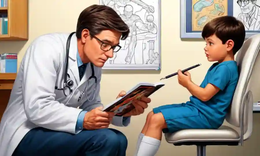 Un niño sentado en un médico se regala estudiando ilustraciones de la piel.